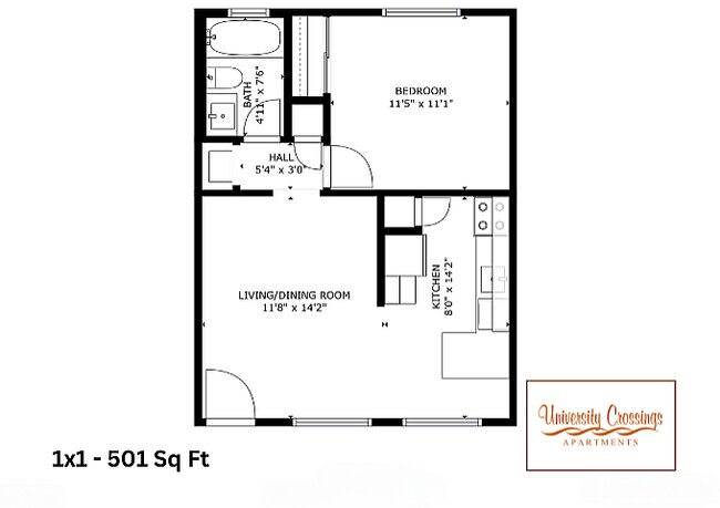 Explore the intelligently designed 1-bedroom layout at University Crossings Apartments. - University Crossing Apartments