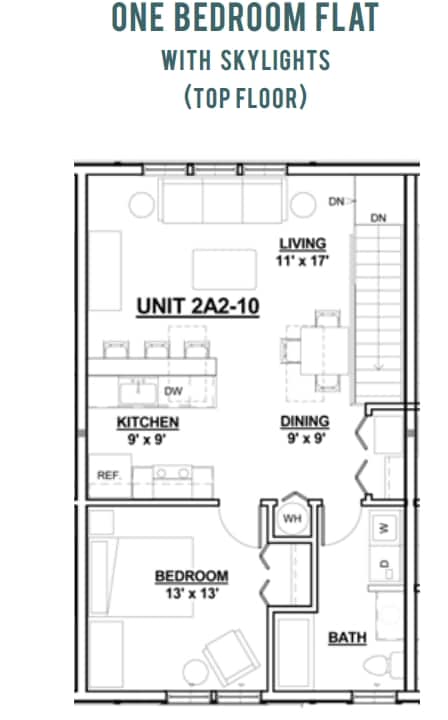 One Bedroom Flat with Skylights (Top Floor) - Residences and Lofts at Perkins Park