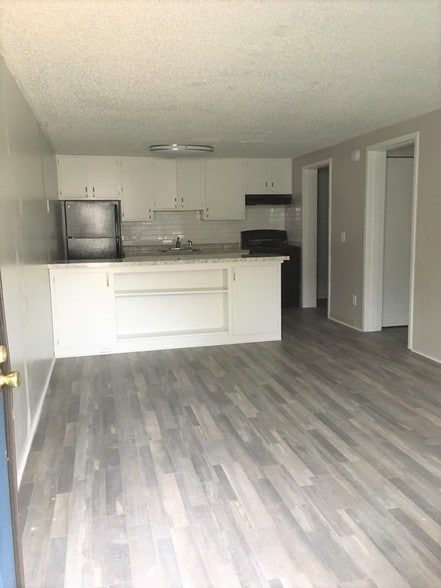 Living room / kitchen of renovated unit. - Village at Iris Glen
