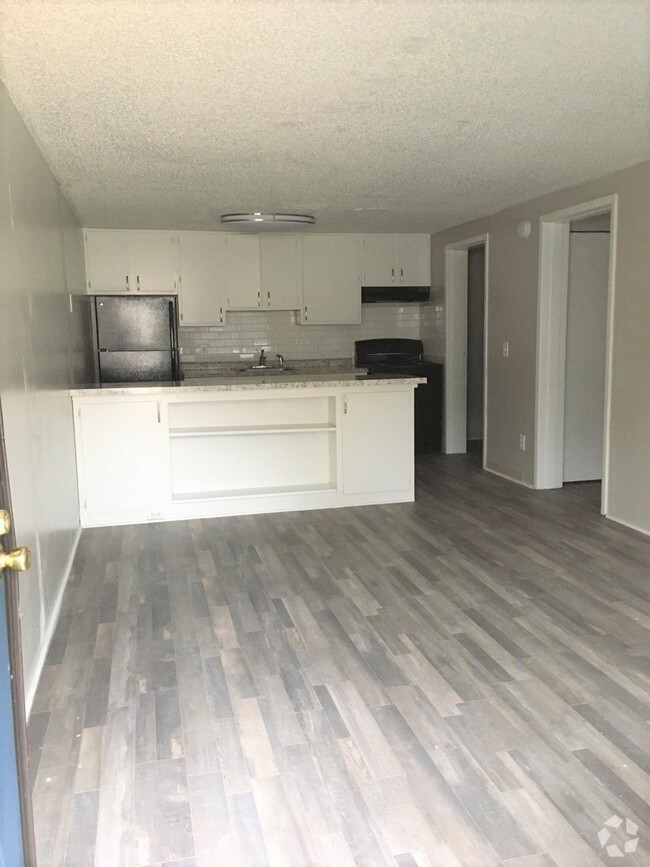 Living room / kitchen of renovated unit. - The Village at Iris Glen