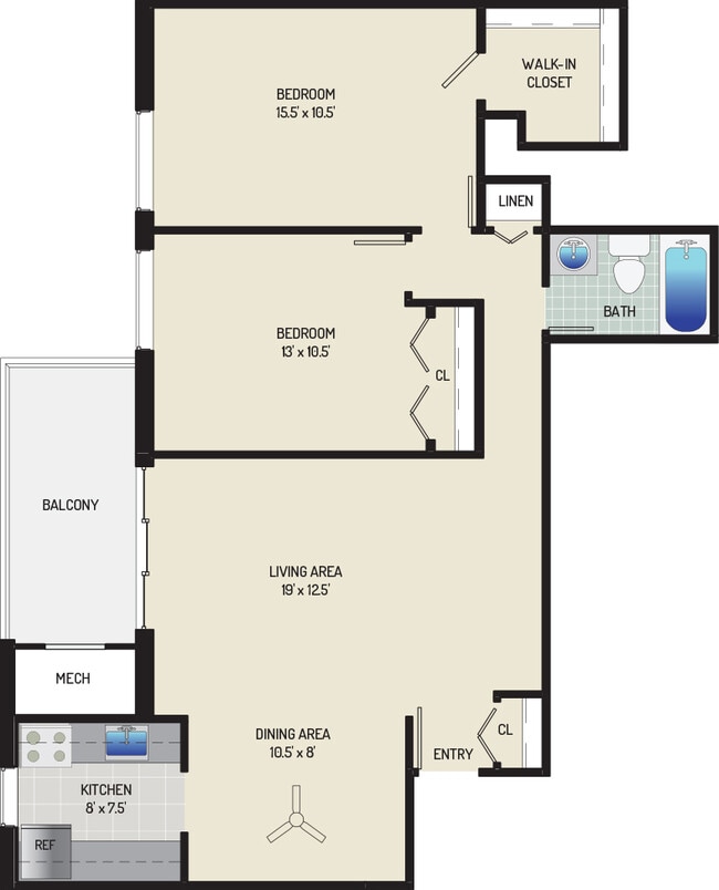 2 BR/ 1 BA (Style G1) | 885 sq. ft. - Columbia Park Apartments