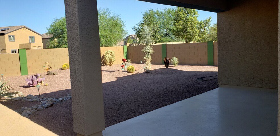 Tidy back yard landscaped with cacti and decorative rock - 8613 N Lodgepole Pine Trl