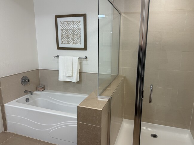 A spacious and elegant master bathroom featuring both a shower and a soaking tub. - 1655 N California Blvd