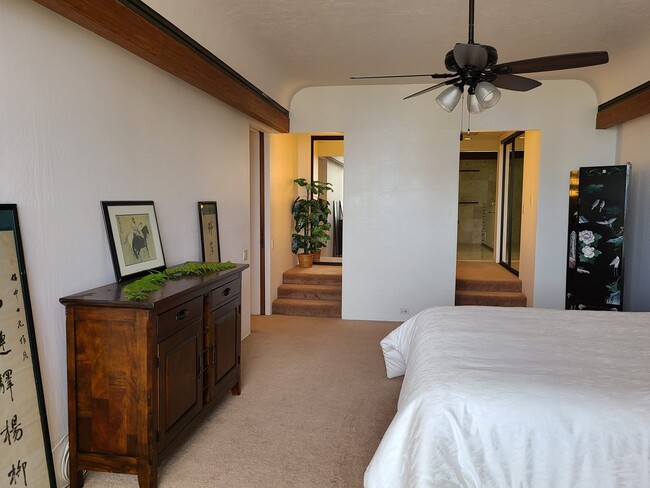 Bedroom with stairs leading to greek style jacuzzi bath and shower/bathrooms - 500 University Ave