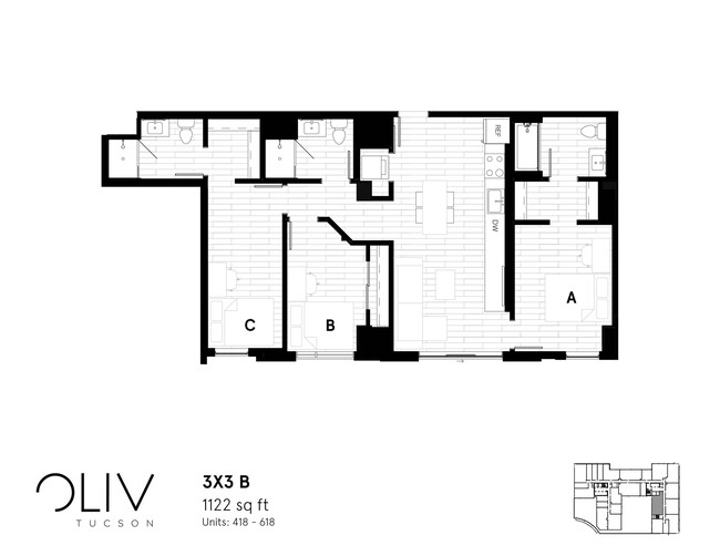 Three Bedroom Floor Plan - oLiv Tucson