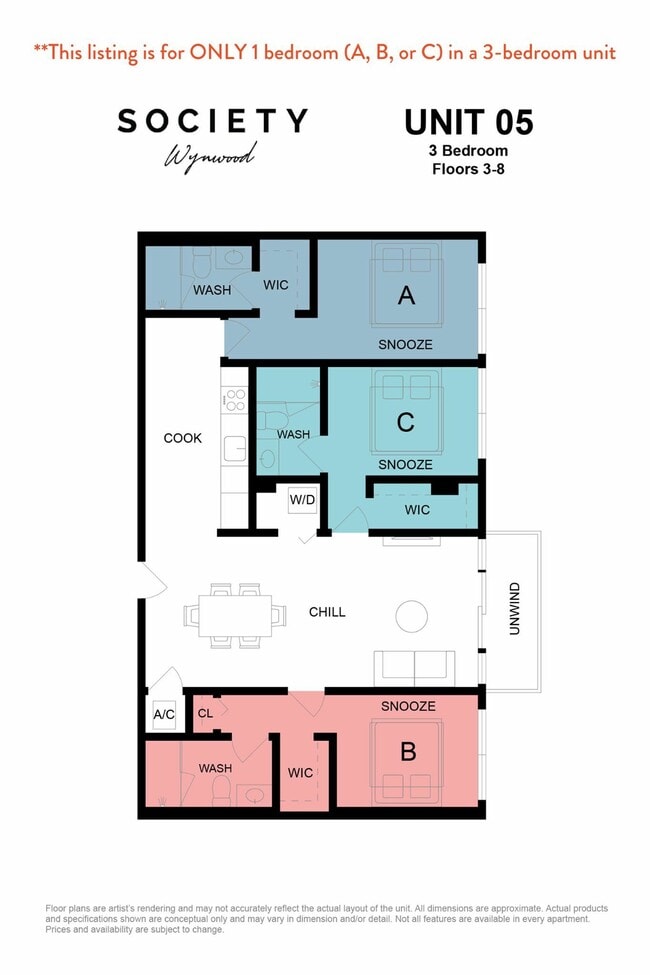 3 Bed RBB - Unit 05 - Fl 3-8 - Society Wynwood
