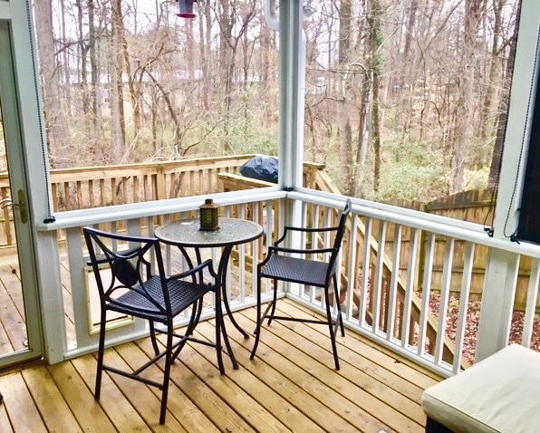 Screened in/covered back deck with overhead lights/fan and custom privacy shades - 104B Hillcrest Ave