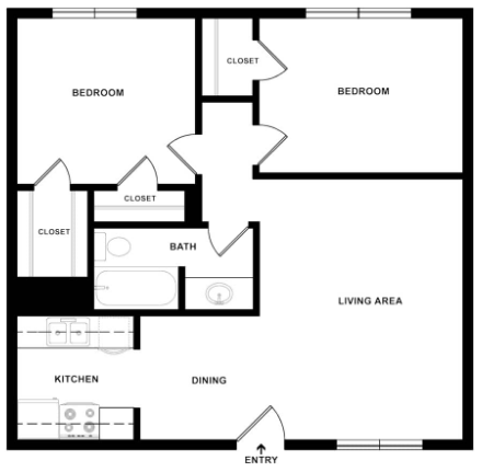 2A - 2 Bedroom, 1 Bath, 840 sqft - Marisposa Park Apartments