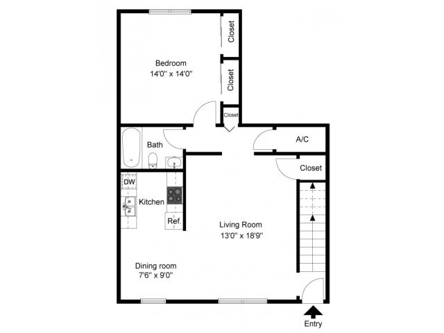 One bedroom floor plan - Rolling Glen Townhomes and Apartments