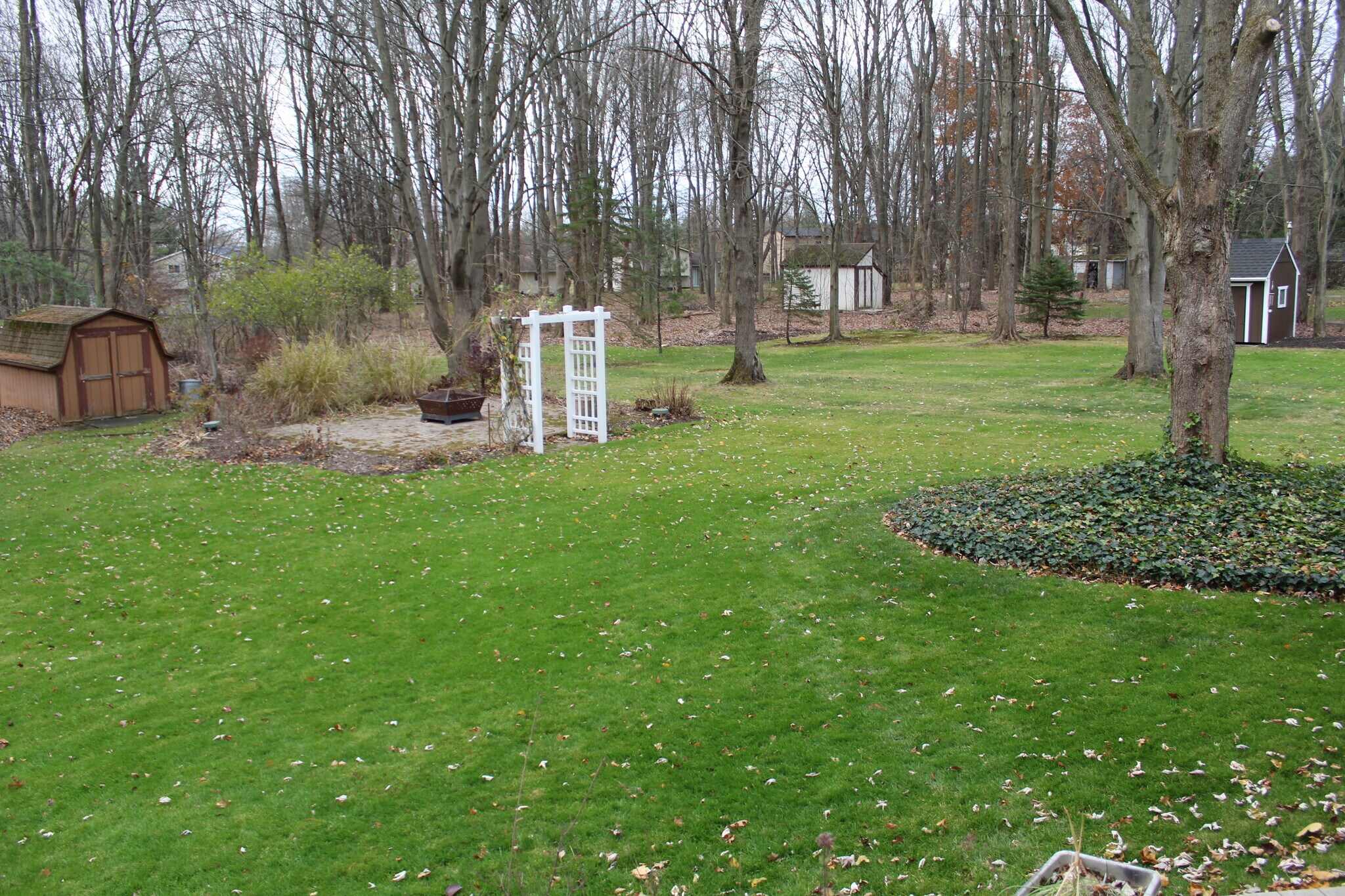 Huge, grassy backyard with garden beds and arbor, perfect for play, pets, or gardening. - 6235 Sunnywood Dr