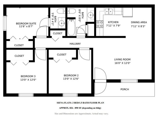 Siena Flats 3 bedroom / 1.5 bathroom. Square footage may vary by location. - Siena Flats