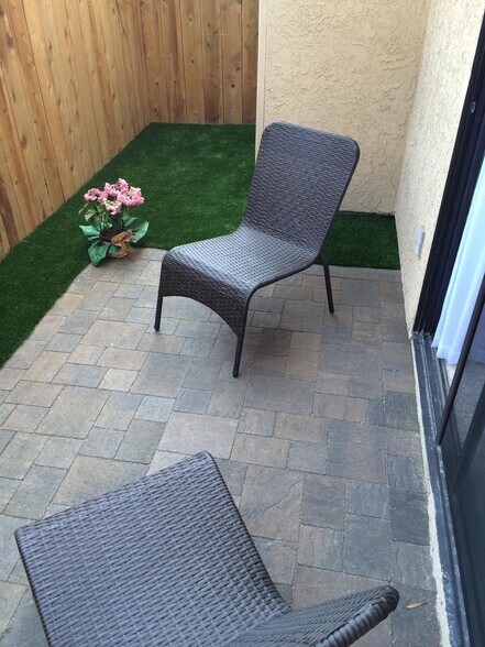 Maintenance free patio with pavers and faux grass - 4641 Campus Ave
