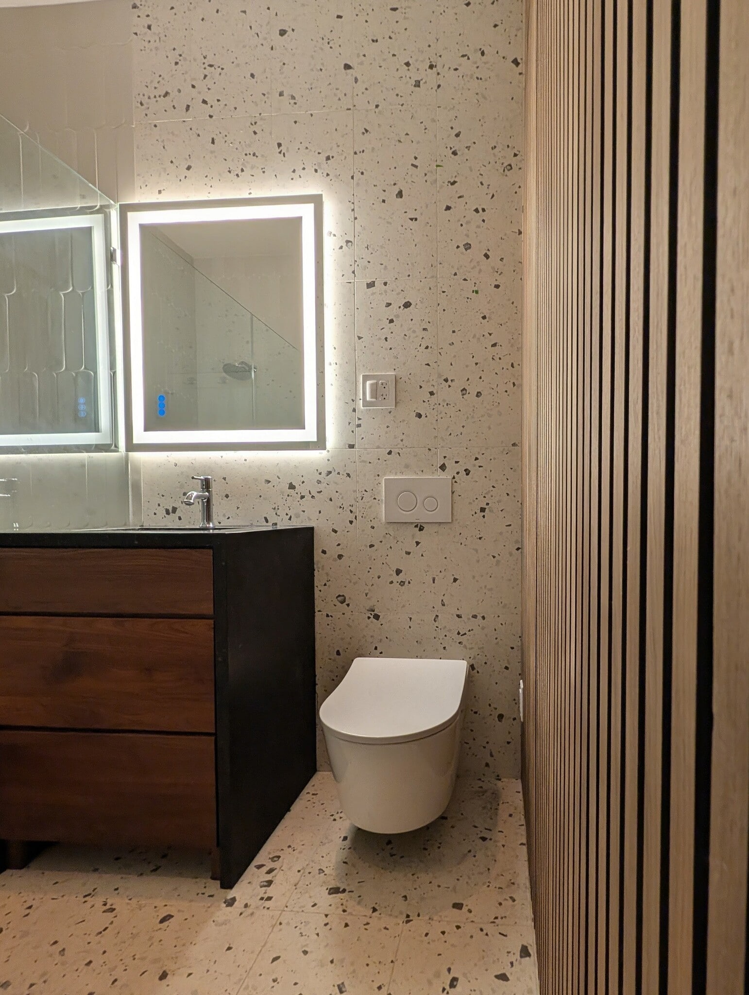 Main bath. California spa vibe with heated floors, on-entry lighted mirror, in-wall toilet. - 328 Lexington St