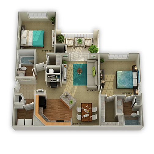 The Brookstone with Shower Two Bedroom Floor Plan - Walden at Oakwood