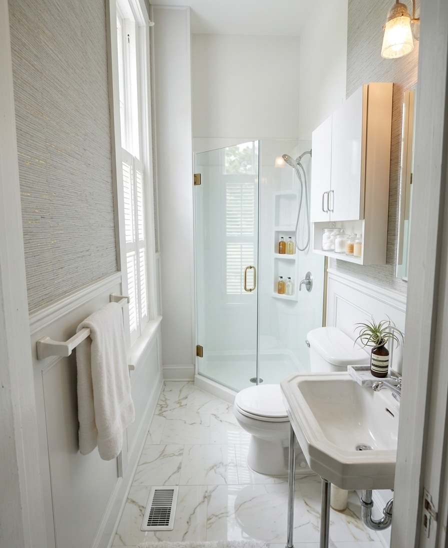 Bright and updated full bath with high ceilings and natural filtered light through privacy glass - 87 Prospect Ave