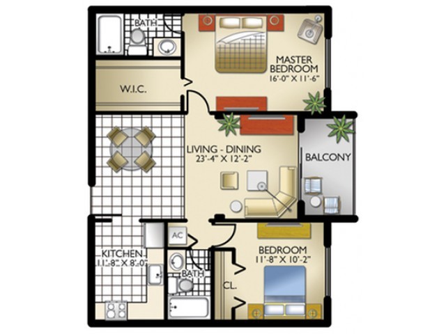 Model C | 2 Bedrooms, 2 Bath - Lago Club Apartments