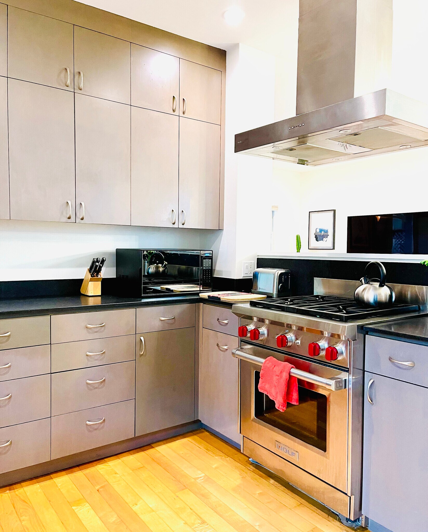 Large open kitchen with plenty of cabinets, Wolf gas range, dishwasher, & microwave - 328 Harriet St