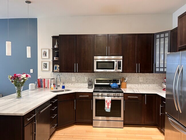 Chef’s kitchen with updated appliances and natural stone countertops - 1241 Kenyon St NW