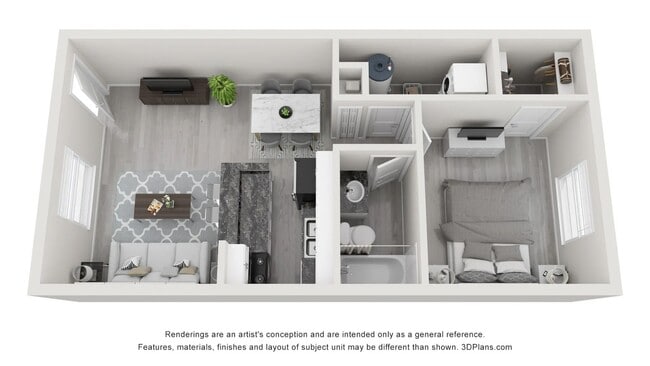 A 3D floor plan rendering of The Chic. - Slate Luxury Apartments