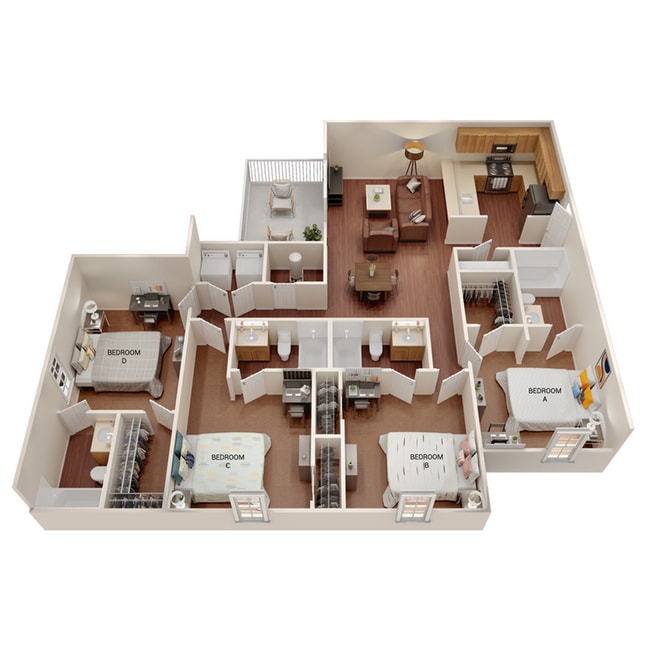 D1: 4BD | 4 BA | 1312 SF - The Hills Southview Apartments