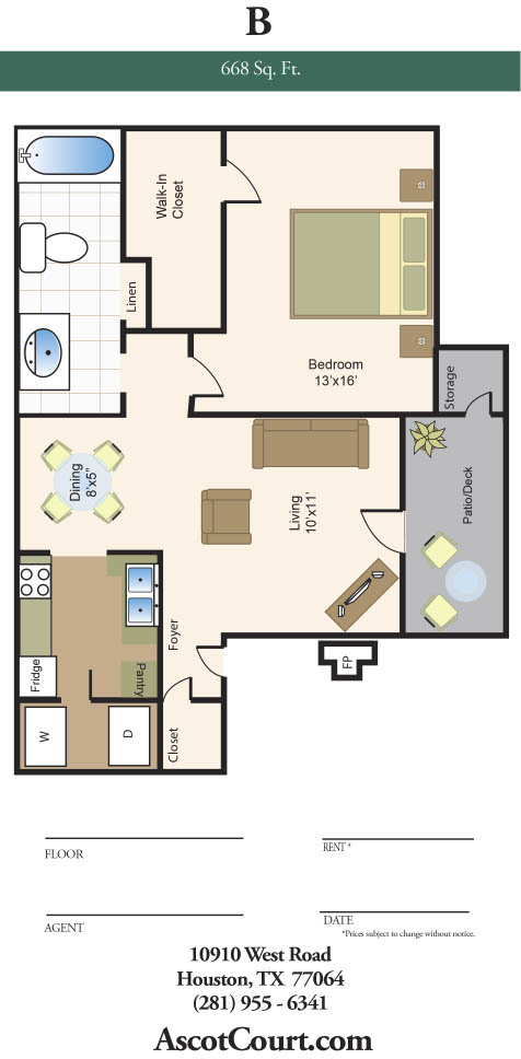 B Floor Plan (1 bed, 1 bath) - Ascot Court