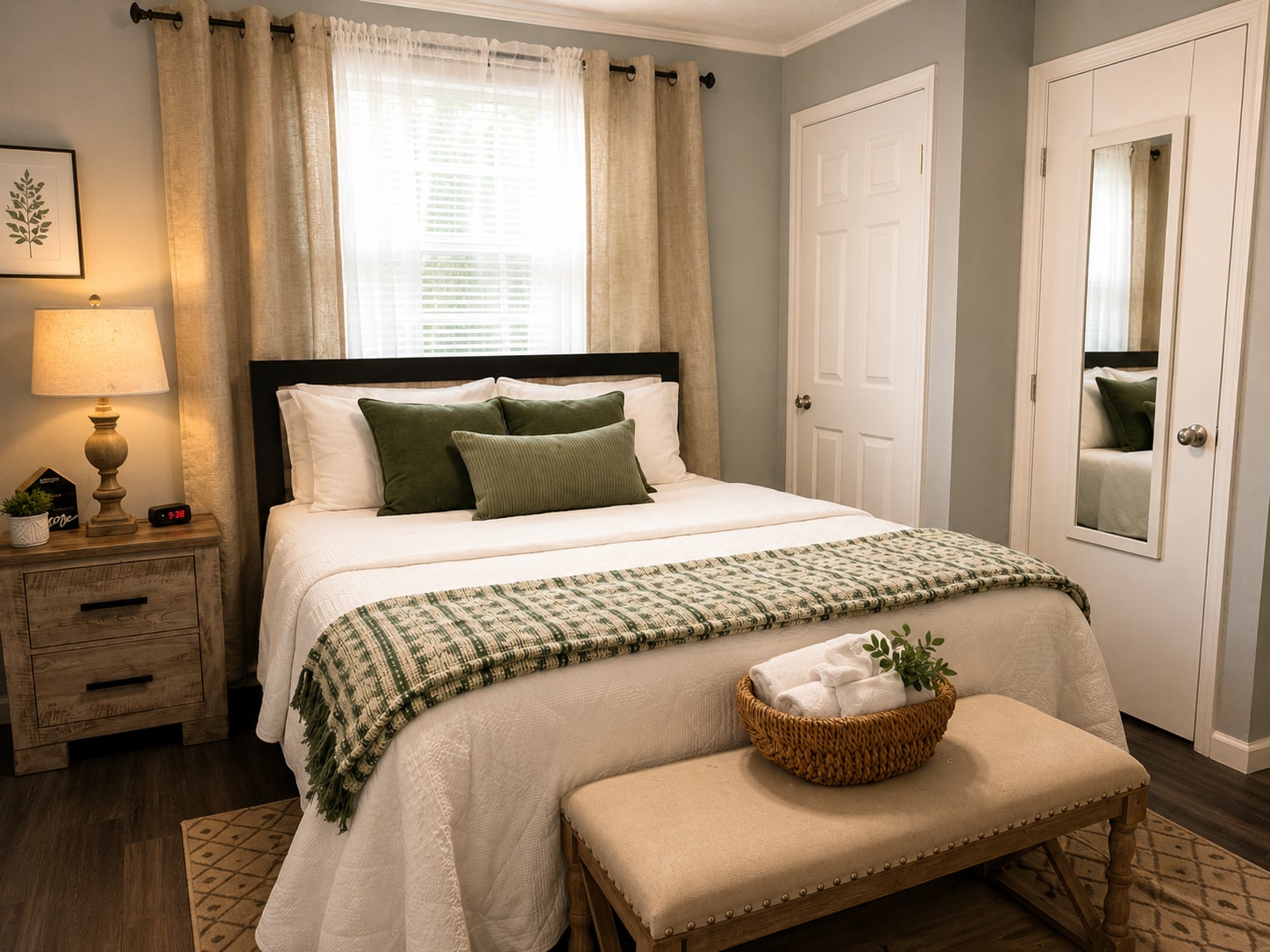 Queen bedroom with premium linens, blackout curtains, and a peaceful atmosphere for restful nights. - 1115 Henrietta Dr