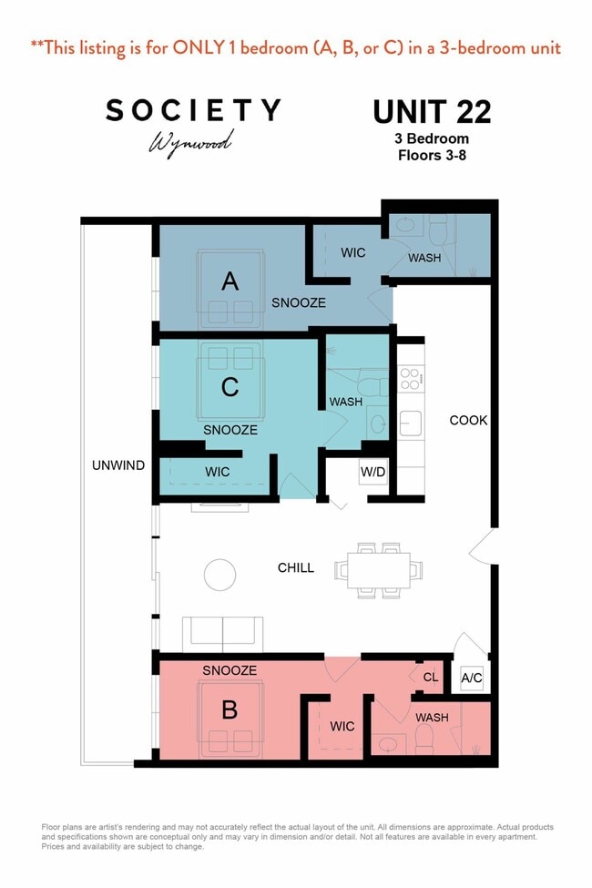 3 Bed RBB - Unit 22 Fl 3-8 - Society Wynwood