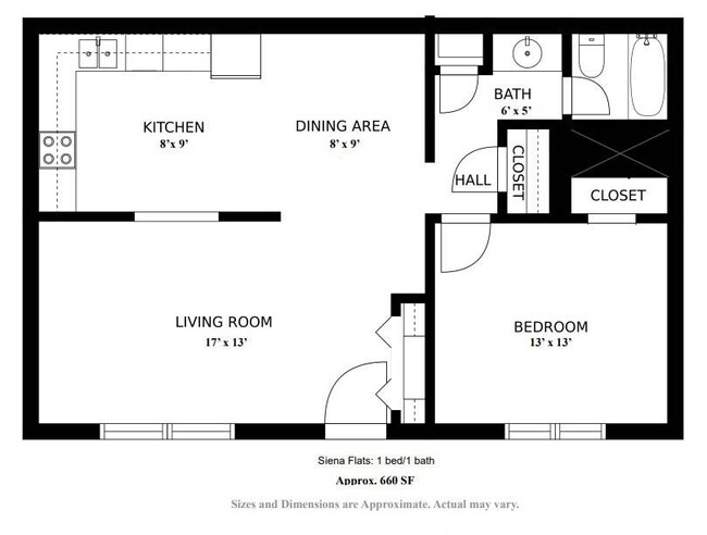 1 Bed/ 1 Bath- 660 sq ft.- Floor Plan A- Square footage and exact layout may vary. - Siena Flats