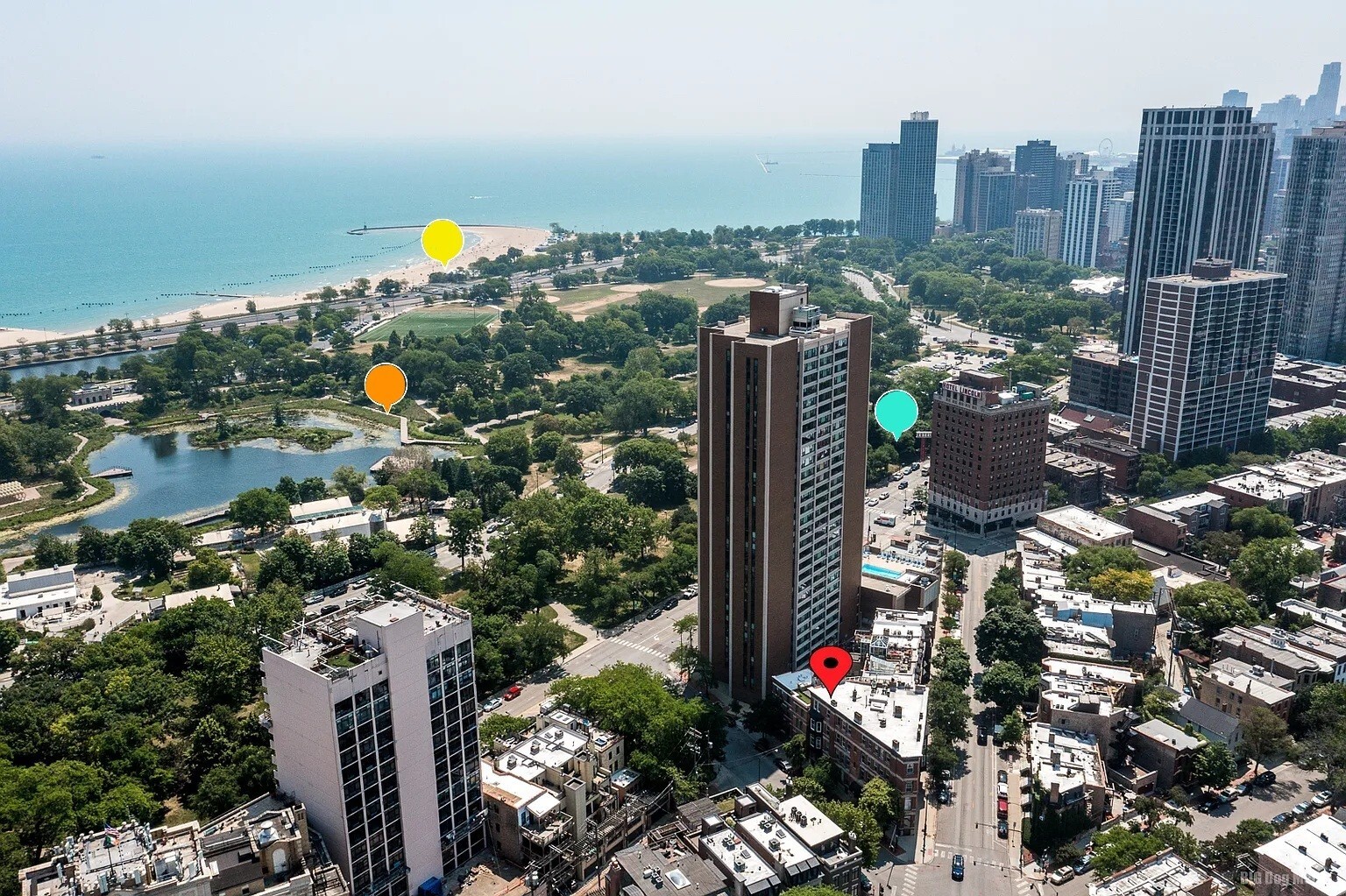 Red pin - condo. Turquoise - farmer's market. Orange - Nature walk. Yellow - beach. - 223 W Wisconsin St