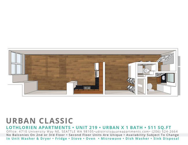 1 Bed, 1 Bath Urban Classic Alternate Floorplan (219) - Yugo Seattle Lothlorien