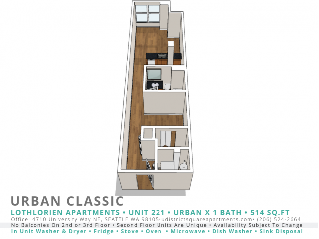 1 Bed, 1 Bath Urban Classic Alternate Floorplan (221) - Yugo Seattle Lothlorien