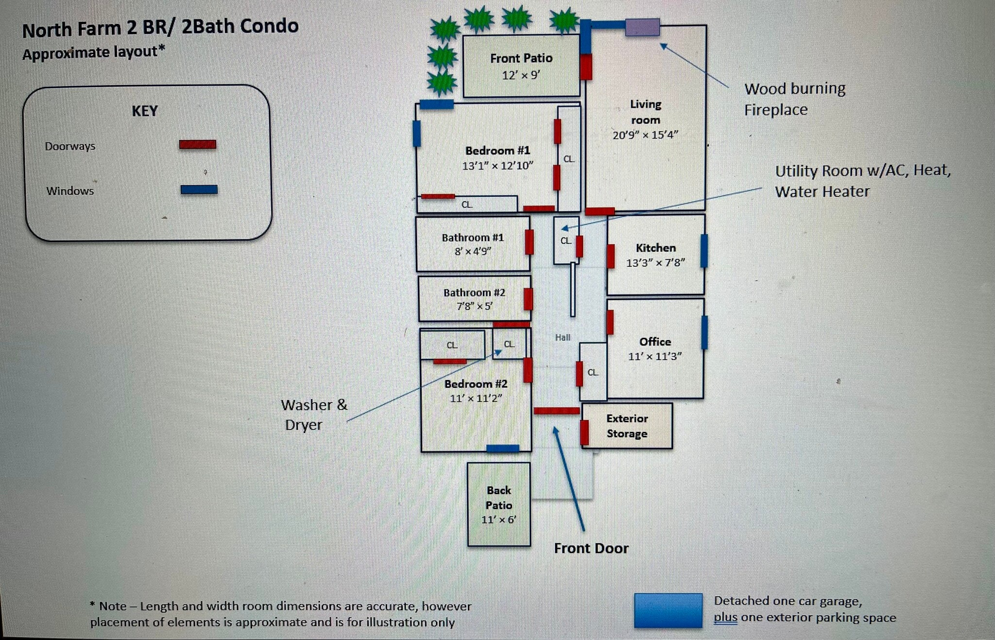 Layout of this two bedroom, two bathroom condo with 1,204 sq ft of living space, plus exterior patio - 77 Windward Ln