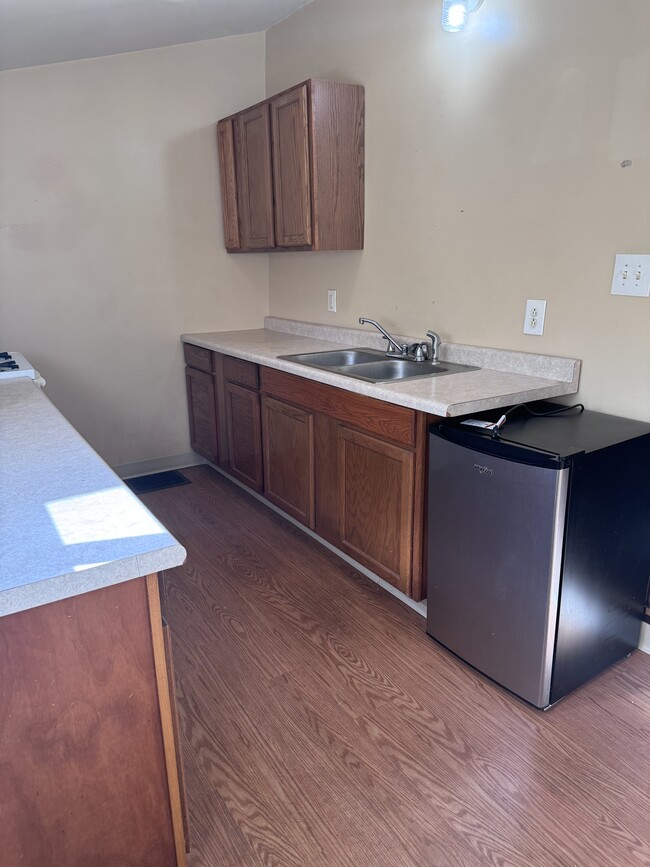 kitchen double sink, cupboards, mini-fridge - 371 Grove Ave