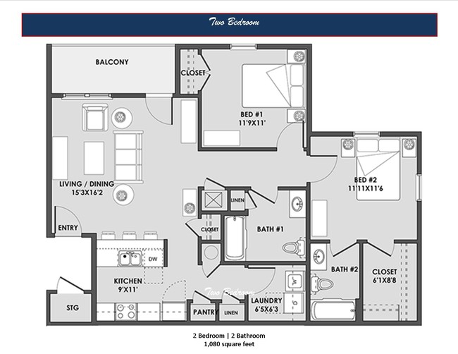 Two-Bedroom 1,080 Square Feet - The Element Apartments