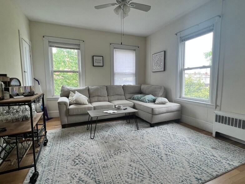 Sunny living room w/ view of Boston skyline - 270 Norfolk St
