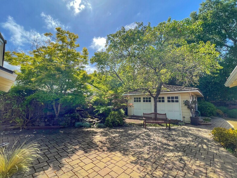 Landscaped backyard, view of ADU - 752 S El Monte Ave