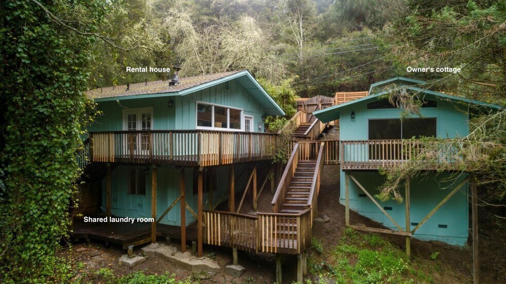 View of the property from the creek. Rental house is on the left, owner's cottage is on the right. Shared laundry room is on the lower level of the rental house, accessible via exterior stairs. - 665 Cathedral Dr