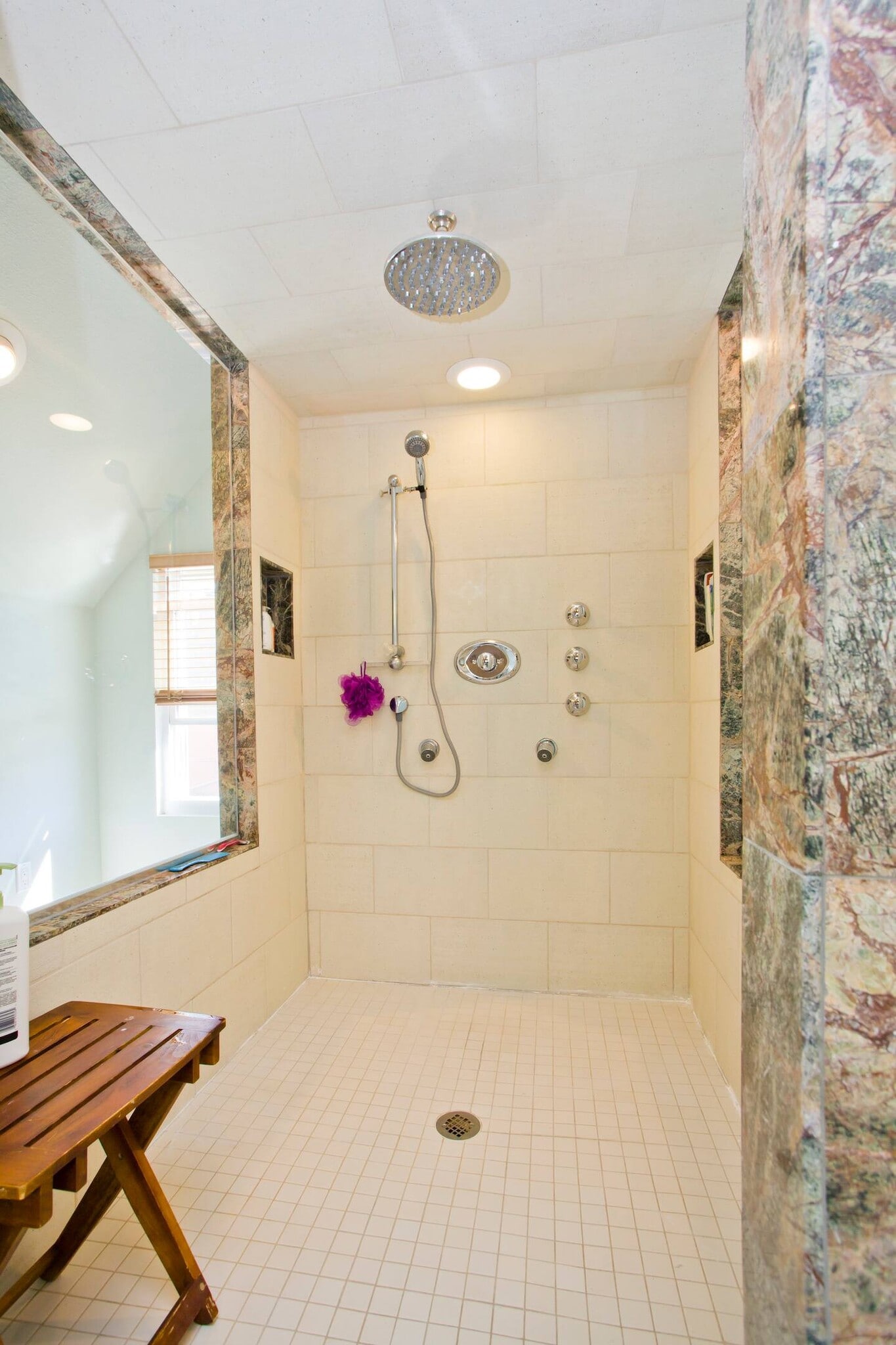 Huge walk in shower in primary bath, with rain shower and leg jets - 1156 N Logan St