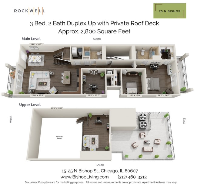 Bishop - Duplex Down 3 Bed, 2 Bath - 3D Floorplan - 25 N Bishop