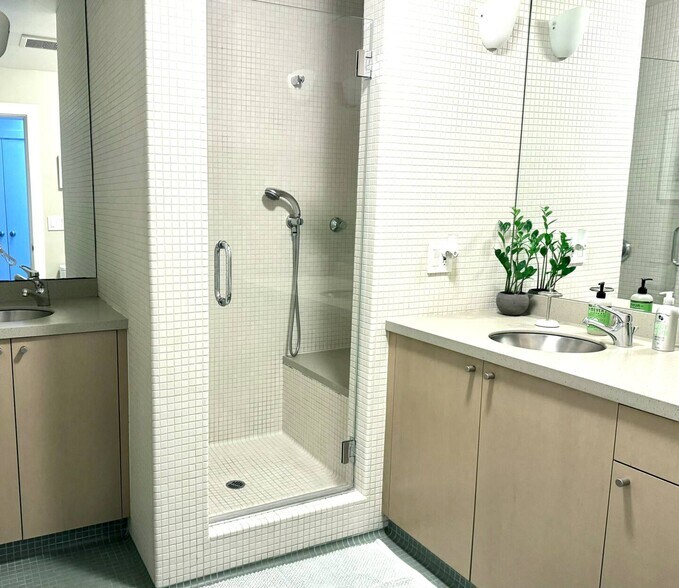 Downstairs bathroom has large tiled spa shower with both overhead shower head and 2 sinks & vanities - 328 Harriet St