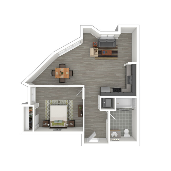 A3 - Staged One Bedroom / One Bath Floor Plan - 657 SF - Catalina West Adams