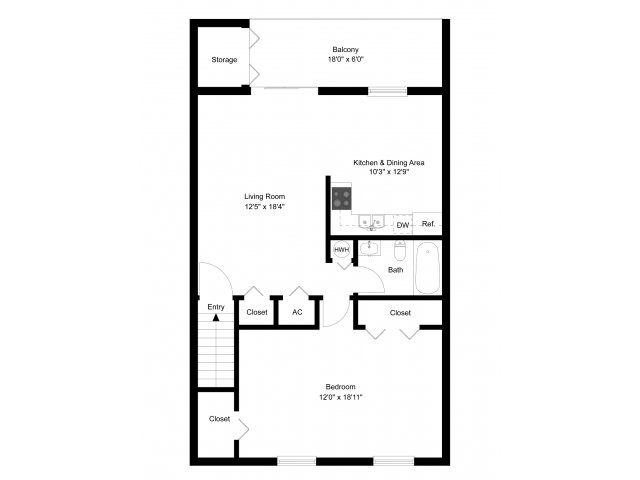 One bedroom upstairs floor plan - Westover Village Apartments