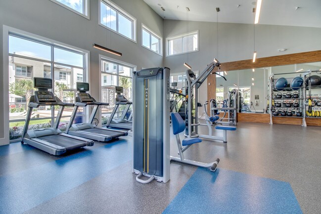 The fitness center is drenched in natural light and overlooks the pool - Windsor Republic Place