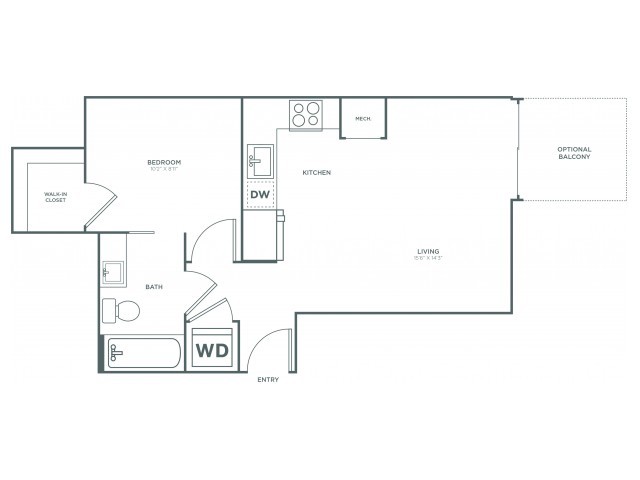 One Bedroom One Bath (536 SF) - The Aspen