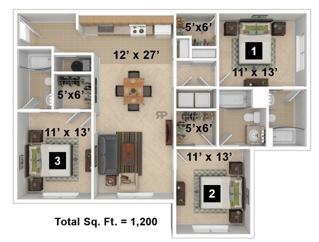 3 Bedroom / 3 Bath / 1200 Sq.Ft. - The Phoenix Apts