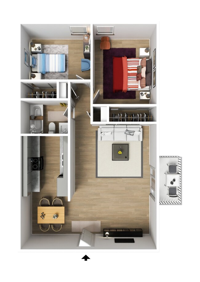 Chic 3D apartment floor plan with 2 bedrooms, modern kitchen, cozy living area, and stylish dining space. - University Village