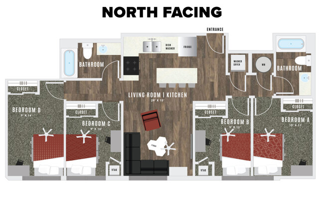 The floor plan above shows the layout of units on the north side of the building (closer to A-Mountain) Please click the arrow to see the floorplan that represents the layout on the south side of the building (closer to campus). - Atmosphere