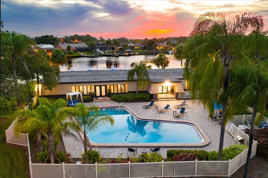 Aerial view of our resort style pool - Waterview at Rocky Point Apartments