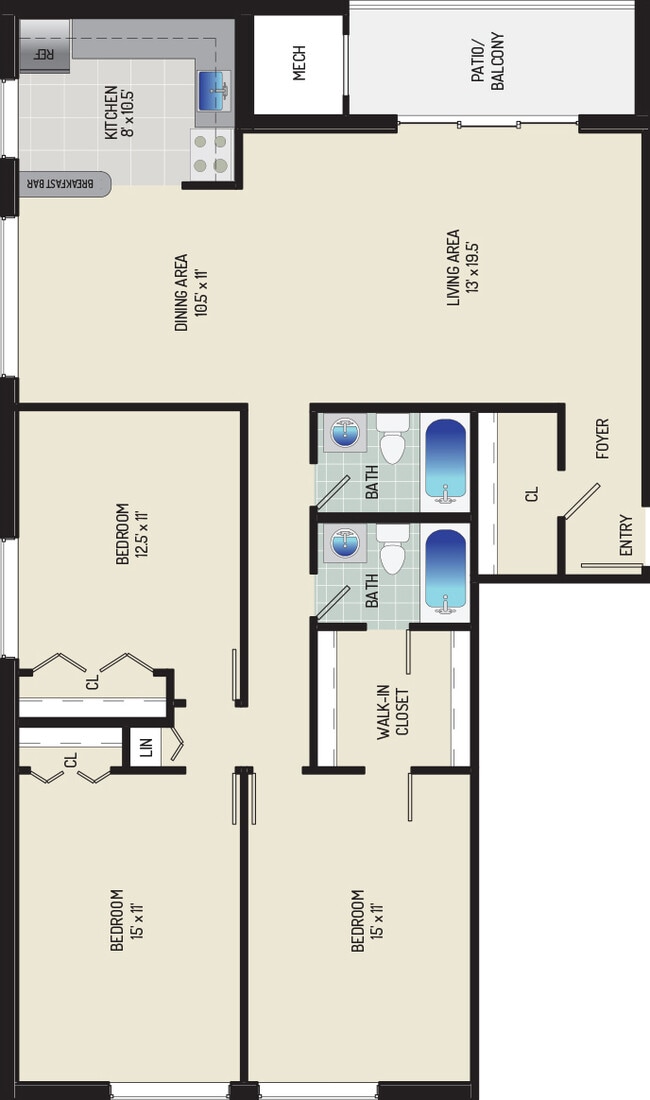 3 BR/ 2 BA (Style K2) | 1,280 sq. ft. - Columbia Park Apartments