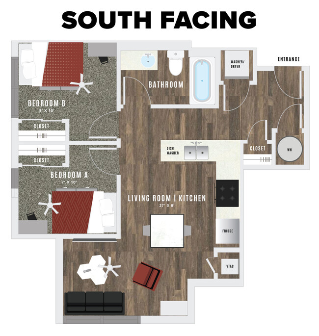 “The floor plan above shows the layout of units on the south side of the building (closer to campus) Please click the arrow to see the floorplan that represents the layout on the north side of the building (Closer to A-Mountain).” - Atmosphere